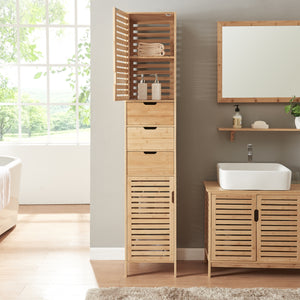 Mobile a Colonna da Bagno Boksereys con 3 Cassetti e Scomparti Chiusi 180 x 35 x 35 cm - Bambù Naturale [en.casa]