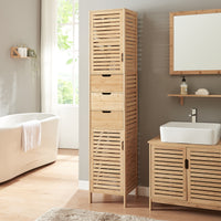 Mobile a Colonna da Bagno Boksereys con 3 Cassetti e Scomparti Chiusi 180 x 35 x 35 cm - Bambù Naturale [en.casa]