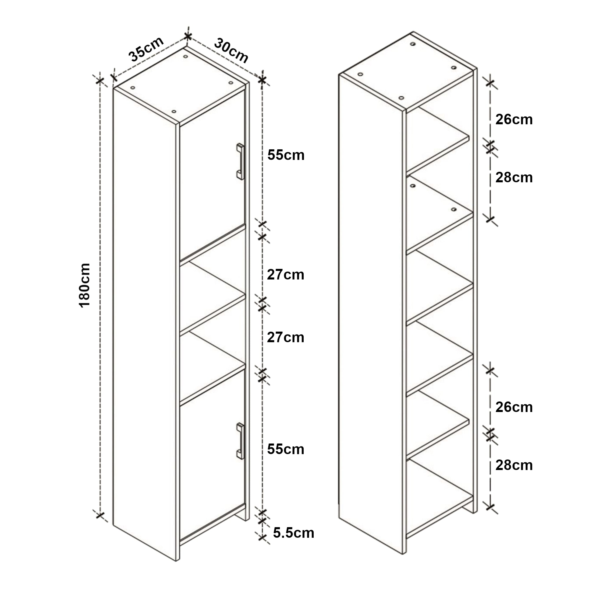 Mobile a Colonna Rautrina a 2 Ante e Scomparti Aperti 180 x 35 x 30 cm - Bianco [en.casa]
