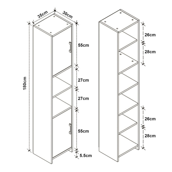 Mobile a Colonna Rautrina a 2 Ante e Scomparti Aperti 180 x 35 x 30 cm - Effetto Rovere [en.casa]
