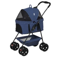 Passeggino per Cani 3 in 1 Pieghevole con Borsa Trasportino e Cestino Inferiore, Blu