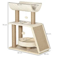 Albero Tiragraffi per Gatti con Lettino, Cuccia e Tappetino, in Legno, Peluche e Sisal, 60x30x76 cm, Marrone Chiaro