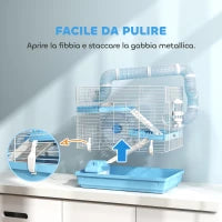 Gabbia per Criceti a 3 Piani con Casetta, Ruota, Ciotola per Cibo, Bottiglia e Tubi, Azzurro