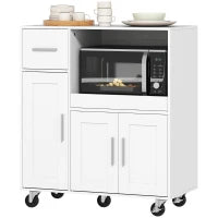 Mobiletto Microonde in Legno con Cassetto, 2 Armadietti, Ripiano Aperto e Piano Regolabile, 80x40x88.7 cm, Bianco