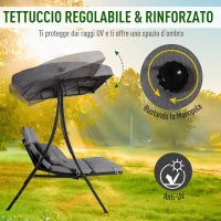 Dondolo da Giardino 3 Posti con Tettuccio Parasole Regolabile e 3 Cuscini, Dondolo da Esterno con Seduta Traspirante in Texteline e Metallo, Portata Fino a 270 kg, 198x118x168 cm, Grigio