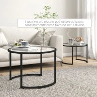 Set 2 Tavolini da Caffè Sovrapponibili in Vetro e Acciaio, Ø70x47.5 cm e Ø54 x 42.5 cm, Nero