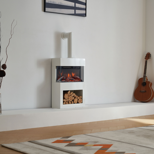 Camino elettrico HENRI con tubo del camino - Stufa elettrica con riscaldamento, effetto fiamma 3D, vano portalegna, telecomando - Bianco