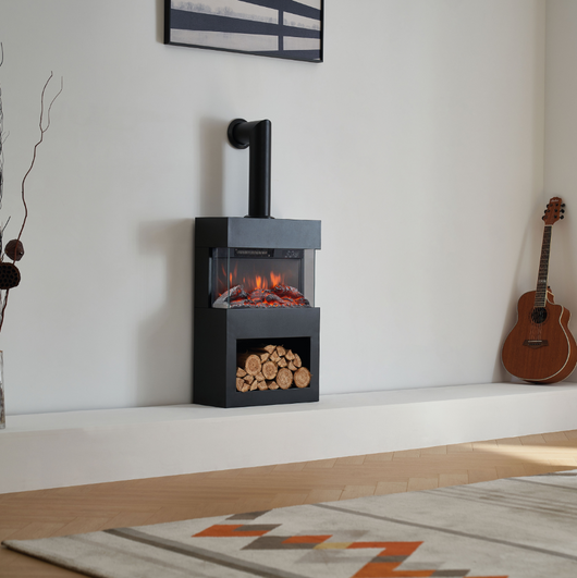 Camino elettrico HENRI con tubo del camino - Stufa elettrica con riscaldamento, effetto fiamma 3D, vano portalegna, telecomando - Nero