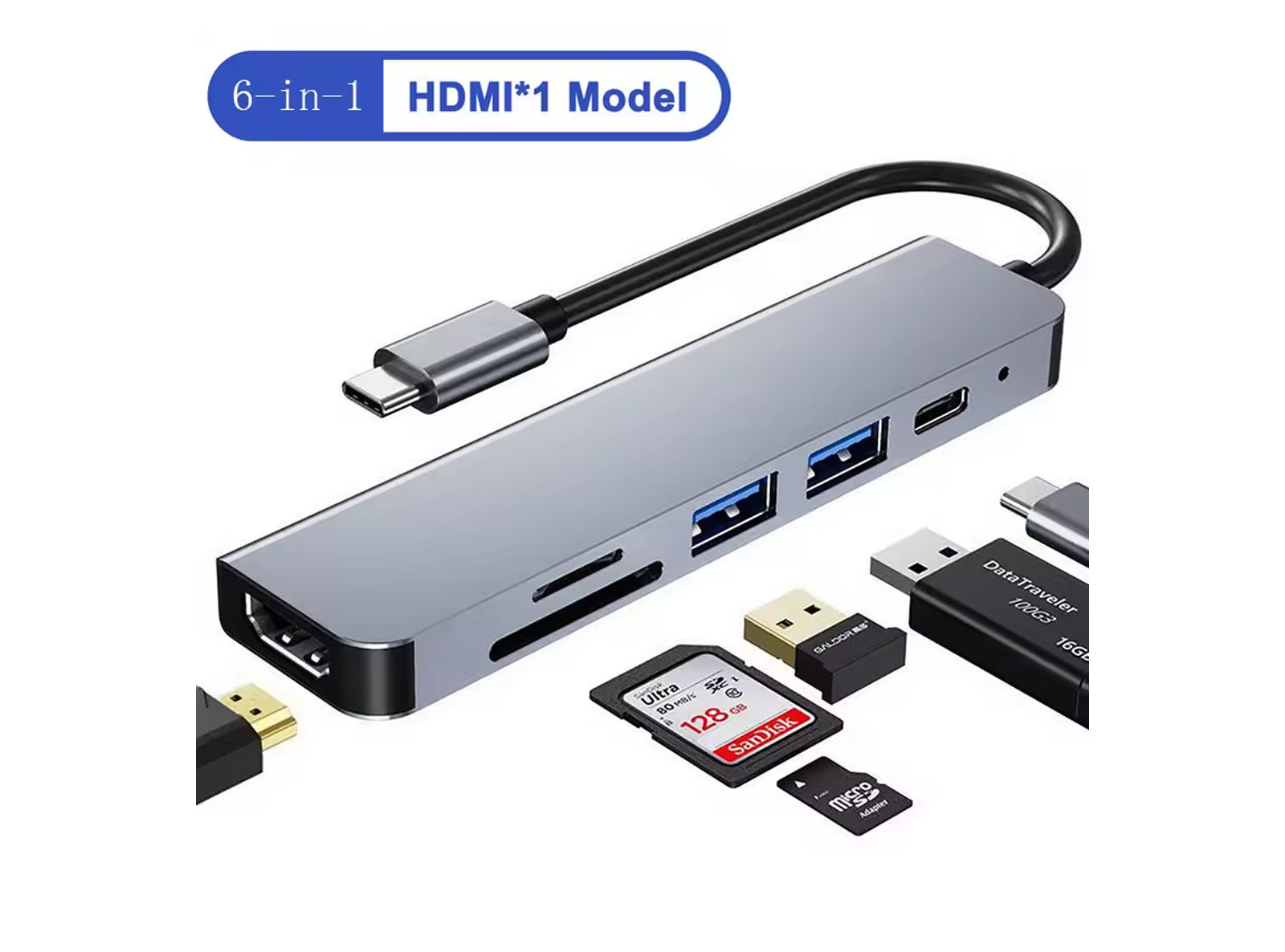 Hub USB C a 6 porte Lettore Schede SD MicroSD HDMI 4K USB 3.0 2.0 per PC Notebook