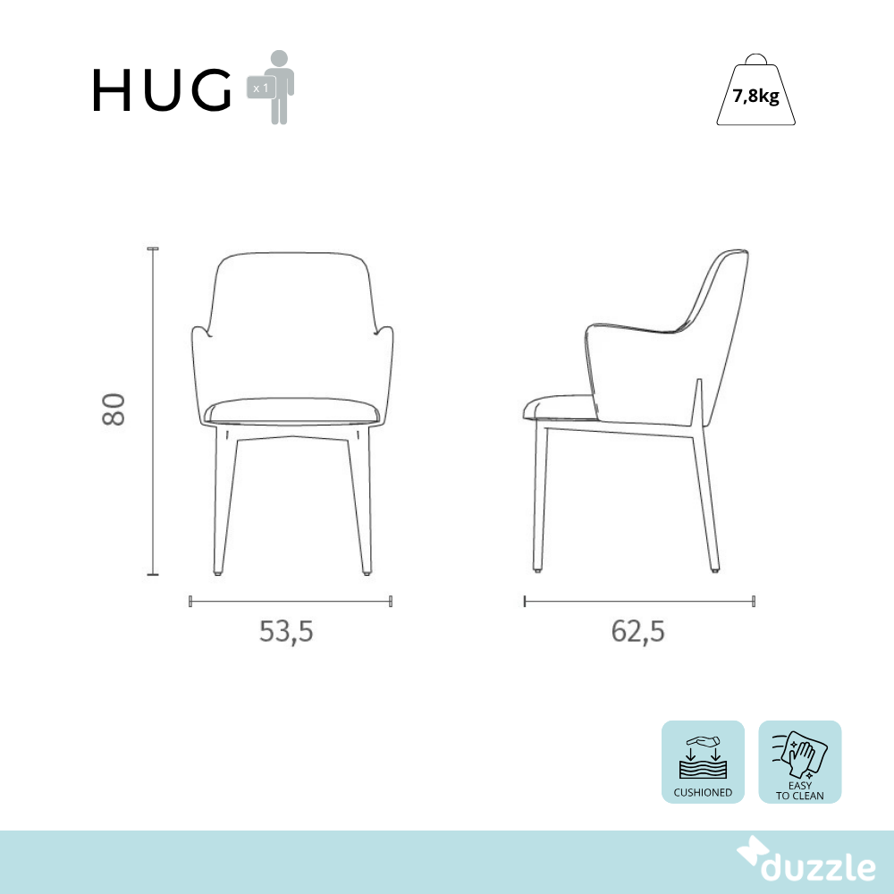 Hug, Set di 4 sedie in tessuto easy-clean Marrone (53.5cm X 62.5cm H. 80cm) | Duzzle