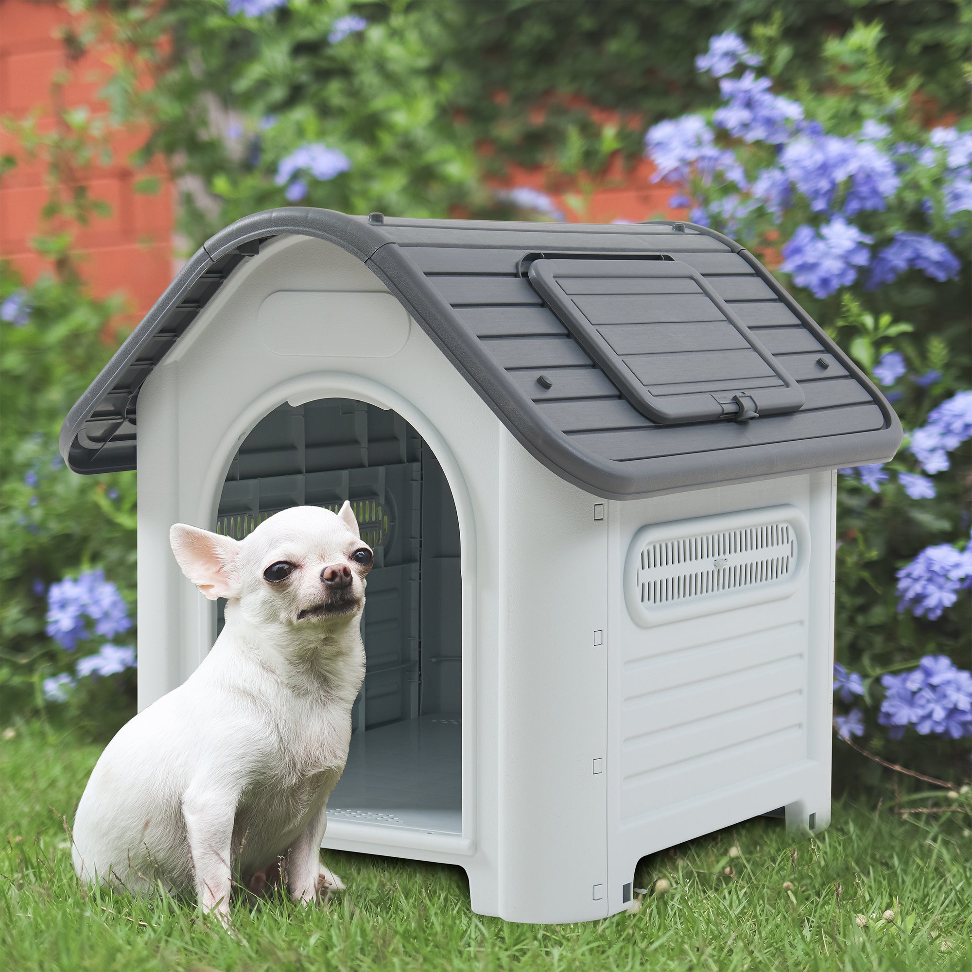 Cuccia per Cani Bello in Plastica 87 x 72 x 75 cm con Lucernario - Bianco / Grigio [en.casa]