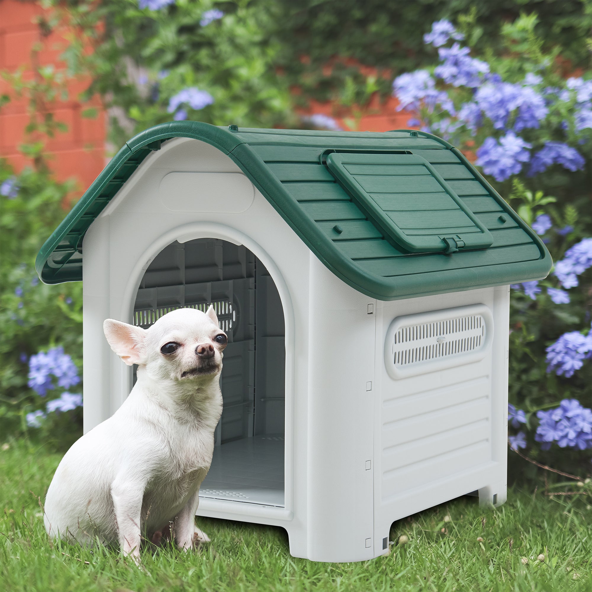 Cuccia per Cani Bello in Plastica 87 x 72 x 75 cm con Lucernario - Bianco / Verde [en.casa]