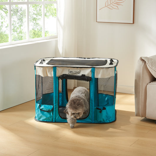 Kennel Pieghevole Mörbylånga Rifugio Portatile per Cani e Gatti 70 x 55 x 45 cm Blu / Beige [en.casa]