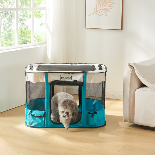 Kennel Pieghevole Mörbylånga Rifugio Portatile per Cani e Gatti 70 x 55 x 45 cm Blu / Beige [en.casa]