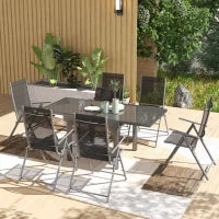 Set da Giardino con Tavolo Allungabile in Vetro e 6 Sedie da Esterno Pieghevoli, Acciaio e Textilene, Grigio