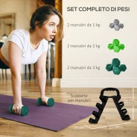 Set 6 Manubri Pesi (2x1 kg, 2x2 kg, 2x3 kg) da 12 kg con Supporto/Kettlebell, in Metallo e Plastica Multicolore