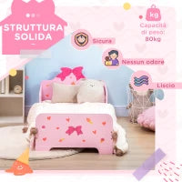 Letto per Bambini con Sponde e Fantasia a Fiocchi e Cuori, Età 3-6 Anni, 143x74x59cm, Rosa