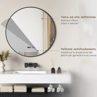 Specchio Bagno con Luce LED Regolabile, Antiappannamento e Display Tempo e Temperatura, Ø70 cm, Nero