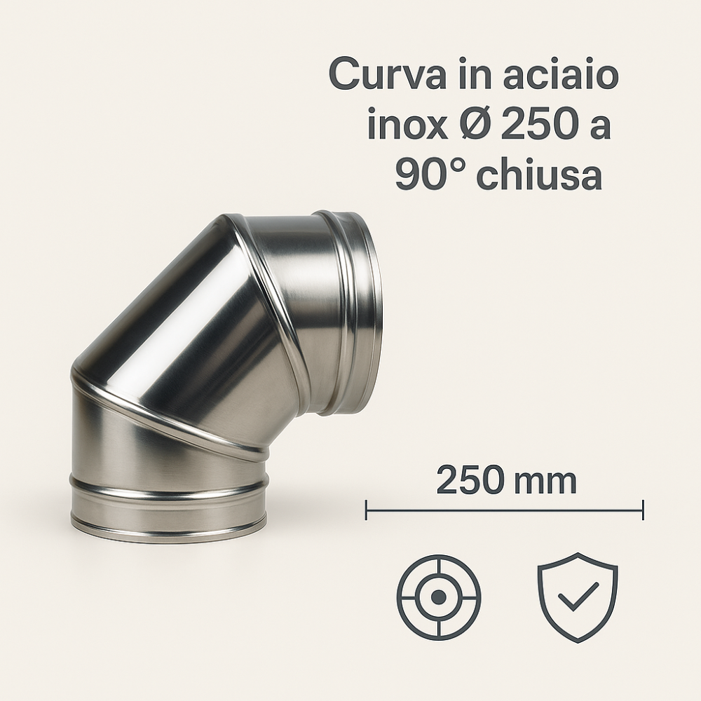 Curva in acciaio inox assemblaggio canna fumaria diametro 250 mm deviazioni 90°