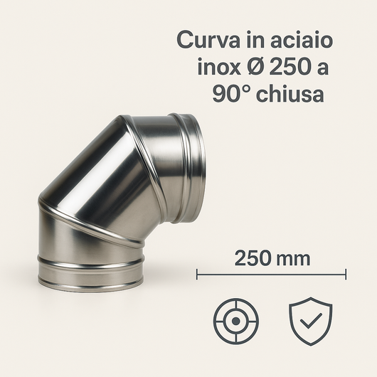 Curva in acciaio inox assemblaggio canna fumaria diametro 250 mm deviazioni 90°