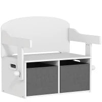 Baule per giochi per bambini 3 in 1, set tavolo e sedie con 2 contenitori in tessuto rimovibili, 67,5 x 46,5 x 56,7 cm, bianco