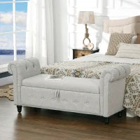 Panca Baule 2 in 1 in Tessuto Effetto Lino con Gambe in Legno, 146,5 x 49 x 72 cm, Grigio