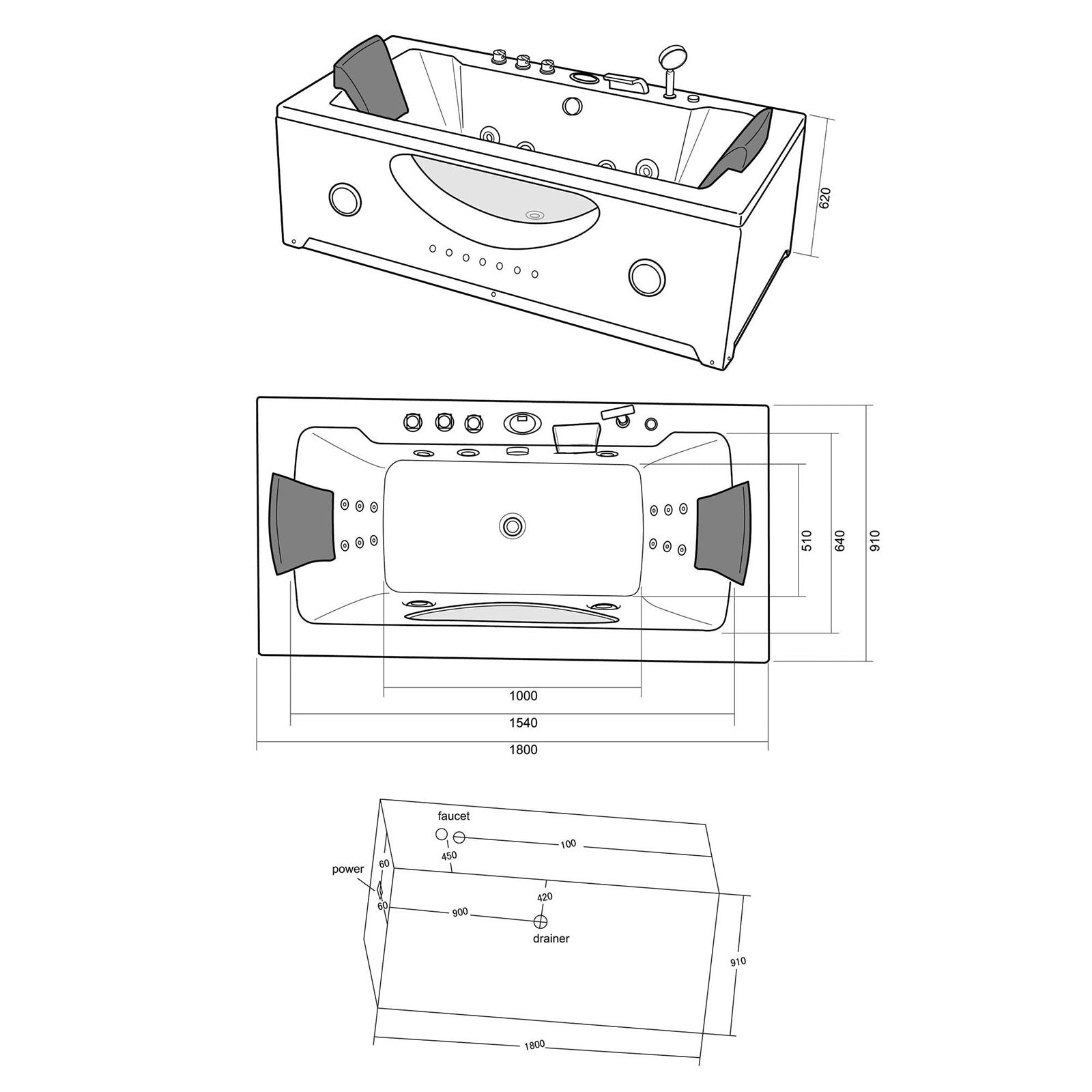 Vasca idromassaggio Nera 180 X 90 cm Cromoterapia 16 getti – Hypnotic
