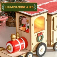 Calendario Avvento di Natale a forma di Treno con Babbo Natale e Luce LED Inclusa, in Compensato, 40x8x11 cm