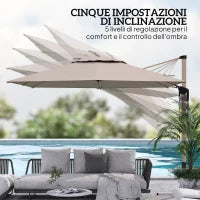 Ombrellone a Sbalzo Inclinabile con Manovella e Base, in Alluminio, Metallo e Poliestere, 4.1x2.9x2.7A m, Kaki