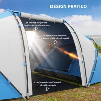 Tenda da Campeggio 4 Posti con 2 Zone Notte e Borsa da Trasporto, 430×240×170 cm, Bianco e Azzurro