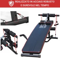 Panca Multifunzione con Vogatore a Molla e Schienale Regolabile e 2 Corde Elastiche, 55.5x137.5 cm Nero