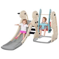 Scivolo 3 in 1 per Bambini con Altalena Regolabile, Canestro e Palle per Cameretta e Giardino, 160x220x120cm, Bianco, Azzurro e Grigio