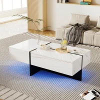 Tavolino Salotto Moderno con Sistema di Illuminazione a LED, Design in Marmo Sintetico con 3 Cassetti, 100x50x34.5 cm, Bianco