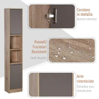 Mobiletto Salvaspazio per Bagno in Legno, Mobile da Bagno con 2 Armadietti e Ripiani Regolabili, Design a Colonna, 30x24x170 cm, Grigio e Rovere