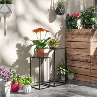 Tavolino Portapiante Set 2 Pezzi in Acciaio per Interni ed Esterni, 25x25x58.5 cm e 31x31x65 cm, Nero