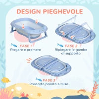 Vaschetta Bagnetto Pieghevole Bambini 0-6 Anni con Cuscino e 2 Ripiani, 83x48x23.5 cm, Blu e Bianco