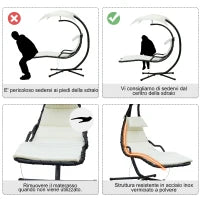 Sdraio Sospesa da Giardino, Lettino Sospeso Imbottito per Esterno con Tettuccio, Crema 190x115x190cm