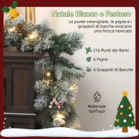 Ghirlanda Natalizia Ø25x180 cm con 50 Luci LED, Bacche e Pigne, in Plastica e Metallo, Verde e Bianco