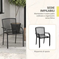 Set 2 Sedie da Giardino Impilabili Salvaspazio con Braccioli in Acciaio, Nero