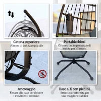 Poltrona Sospesa a Uovo con Gancio Regolabile, 2 Cuscini e Cesto, in Acciaio, 120x88x192 cm, Nero e Grigio
