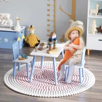 Tavolo con Sedie Bambini e Bambine 2-4 Anni in Legno Azzurro e Bianco