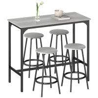Set da Pranzo 5 Pezzi con Bancone da Bar 110x50x89.5 cm e Sgabelli Ø30x60.5 cm in Legno e Metallo Grigio e Nero