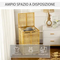 Cesto Portabiancheria in Bambù con Coperchio e Sacca in Poliestere Removibile e Lavabile, 44x37x62.5 cm, color Legno