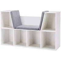 2 in 1 Scaffale per Bambini Scaffale + Sgabello con Cuscino 103 cm x 30 cm x 62 cm Bianco + Grigio