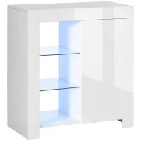 Mobiletto da Salotto Bianco in Truciolato e Metallo con Luci LED Blu, 3 Ripiani Aperti e Armadietto, 75x35x82 cm