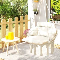 Poltrona Sospesa in Stile Boho con Cuscino, in Acciaio, Cotone e Poliestere, 80x60x40 cm, Bianco Crema