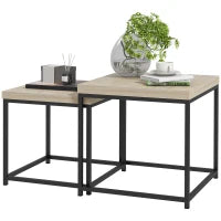 Set di 2 Tavolini Bassi Quadrati da Salotto in Telaio di Acciaio e Piani in Pannelli di Particelle, Legno Naturale