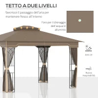 Gazebo da Giardino con Zanzariera, Doppio Tetto e Struttura Metallo, 3.7x3m Marrone e Beige