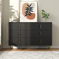 Credenza con 6 cassetti, maniglie e gambe dorate, texture ondulata, 120x40x77 cm, Nero e Oro