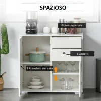 Mobiletto 2 Cassetti e 2 Ante, Apertura a Pressione, Mobile con 2 Cassetti e 2 Ante per Casa e Ufficio, 79x36x74cm, Bianco Opaco